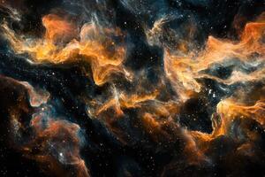 Abstract cosmic nebula with swirling clouds of gas and dust in shades of orange, blue and black. photo