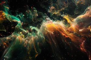 Abstract cosmic nebula with swirling clouds of gas and dust in shades of green, orange, and red against a dark background. photo