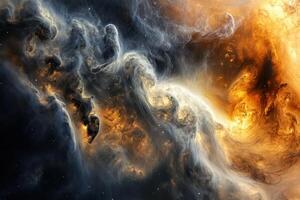 Abstract cosmic nebula with swirling gas and dust clouds in shades of orange, white, and black. photo