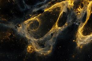 Abstract cosmic nebula with swirling golden gas and scattered stars against a dark background. photo