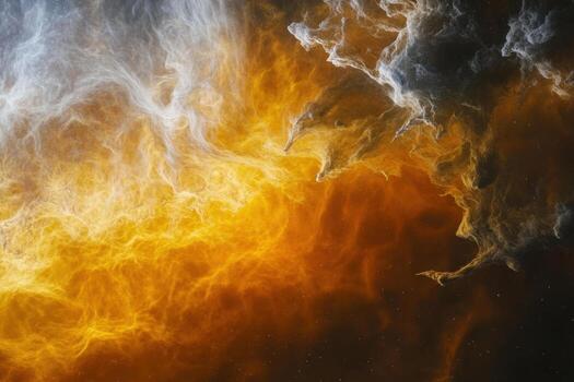 Abstract swirling clouds of fiery orange and gray against a dark background with stars. photo