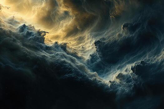 Abstract swirling clouds in a dark sky with a yellow glow. photo