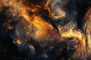 Abstract swirling cosmic nebula with glowing orange and grey clouds against a black starry background. photo