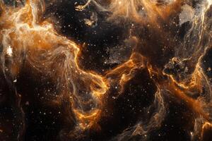 Abstract swirling cosmic nebula with glowing orange and yellow gas clouds and stars. photo