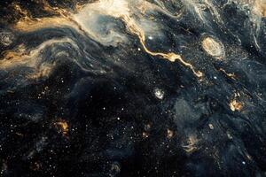 Abstract swirling galaxy-like pattern in dark blue, gold, and white. photo