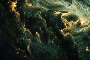 Abstract swirling nebula with golden and green hues. photo