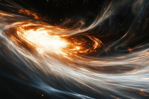 Abstract swirling nebula with a bright orange core and blue wisps in space. photo