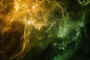 Abstract swirling nebula with glowing green and orange gas clouds in a black space with stars. photo
