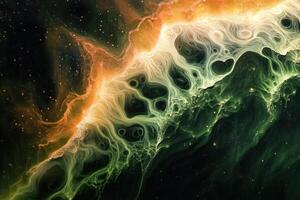 Abstract swirling nebula with green and orange colors. photo
