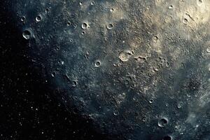 Close-up of the moon's surface with craters and a starry background. photo