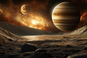 Alien landscape with two planets and a fiery nebula. photo