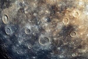 Close-up of Mercury's surface with craters and a starry background. photo