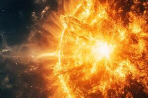 Close-up view of a blazing sun in space with intense light and flames. photo