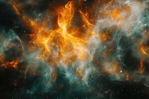 Cosmic firestorm with swirling clouds and stars in the darkness of space. photo