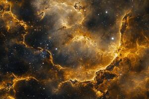 Cosmic nebula with bright yellow and orange gas clouds, scattered with stars. photo