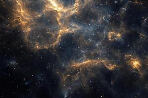 Cosmic Nebula with golden and blue gas clouds in a dark starry space. photo