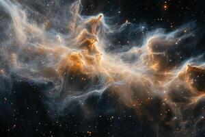 Cosmic Nebula with swirling gas and dust in a dark space with bright stars. photo