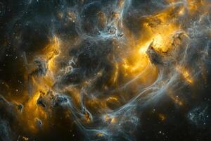 Cosmic Nebula with swirls of gas and dust in shades of gold and blue. photo