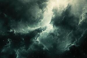 Dramatic, swirling clouds in a dark, starry sky. photo