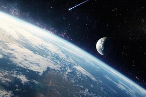 Earth and moon in space with a shooting star. photo