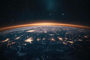 Earth at night with city lights and a starry sky. photo
