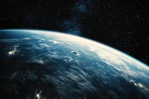 Earth from space, showing a blue and green planet with clouds and a starry sky. photo