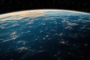 Earth from space, showing the curve of the planet with clouds and city lights at night. photo