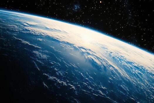 Earth from space with a view of clouds and sun. photo