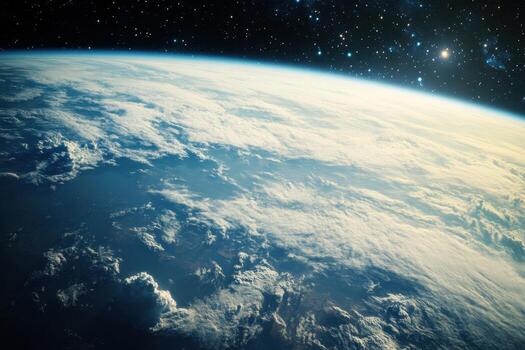 Earth from space with clouds and stars. photo