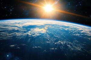 Earthrise over a blue planet with a blazing sun. photo