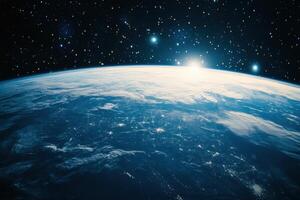 Earthrise over a blue planet with stars in the background. photo