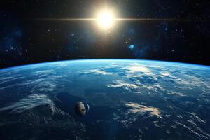 Earthrise over a blue planet with sun shining brightly in the dark space. photo