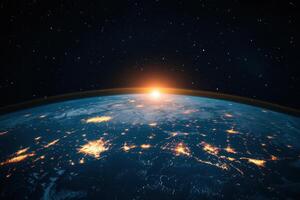 Earthrise with sun shining over a glowing cityscape. photo