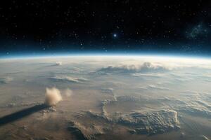 Earth's horizon from space with clouds and a large shadow. photo