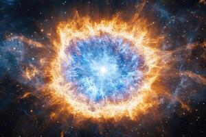 Fiery blue and orange nebula with bright core in deep space. photo