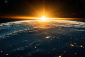 A sunrise over Earth seen from space. photo