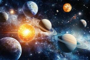 A vibrant depiction of the solar system with planets, a glowing sun, and swirling stardust. photo