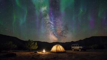A cozy campsite under a star studded sky and Milky Way clearly in the wilderness. A warm campfire adds coziness to the remote desert scene. Perfect for adventure and stargazing vibes. video