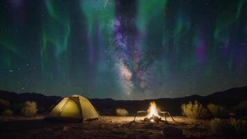 A glowing tent under a mesmerizing starry sky with the Milky Way and vibrant auroras above. A warm campfire adds coziness to the remote desert scene. Perfect for adventure and stargazing vibes. video