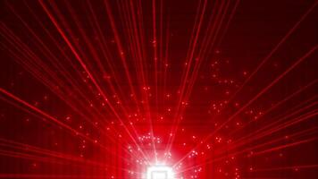Red color glitter particles moving upward direction with optical flair flickering light rays modern design geometrical background video
