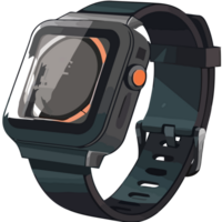 A cartoon watch with a black strap and orange buttons png