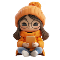 3D icon stylish smiling woman with glasses and phone, avatar cartoon hipster character, people close up portrait on isolated on transparent background png