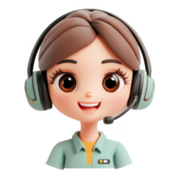 3d cute icon young friendly female call center agent with headset. Smiling cartoon woman operator in headphones with mic working in office talk with client on isolated on transparent background png