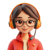 3d cute icon young friendly female call center agent with headset. Smiling cartoon woman operator in headphones with mic working in office talk with client on isolated on transparent background png