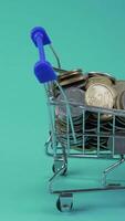 Two miniature shopping carts move on a vibrant turquoise background, one filled with assorted coins and the other containing rolled dollar bills, symbolizing commerce and value. video