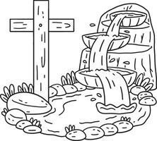 Baptism Fountain and Cross Isolated Coloring Page vector