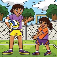 Volleyball Mother and Daughter Practicing Colored vector