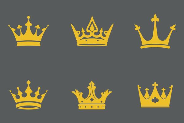 Big collection crowns logo. Crown icon set. Collection of crown silhouette, Set of golden royal crowns decorated with precious stones heraldic shield and crossed swords isolated
