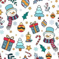 Holidays Christmas Pattern with Snowman Head, Gift Box and Christmas Tree. Hand draw Christmas Seamless pattern for fabric, wrapping paper, textile, greeting cards. vector