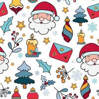 Hand Draw Christmas Pattern with Santa Head and Decorative elements. Festive Christmas Seamless pattern for fabric, wrapping paper, greeting cards. vector
